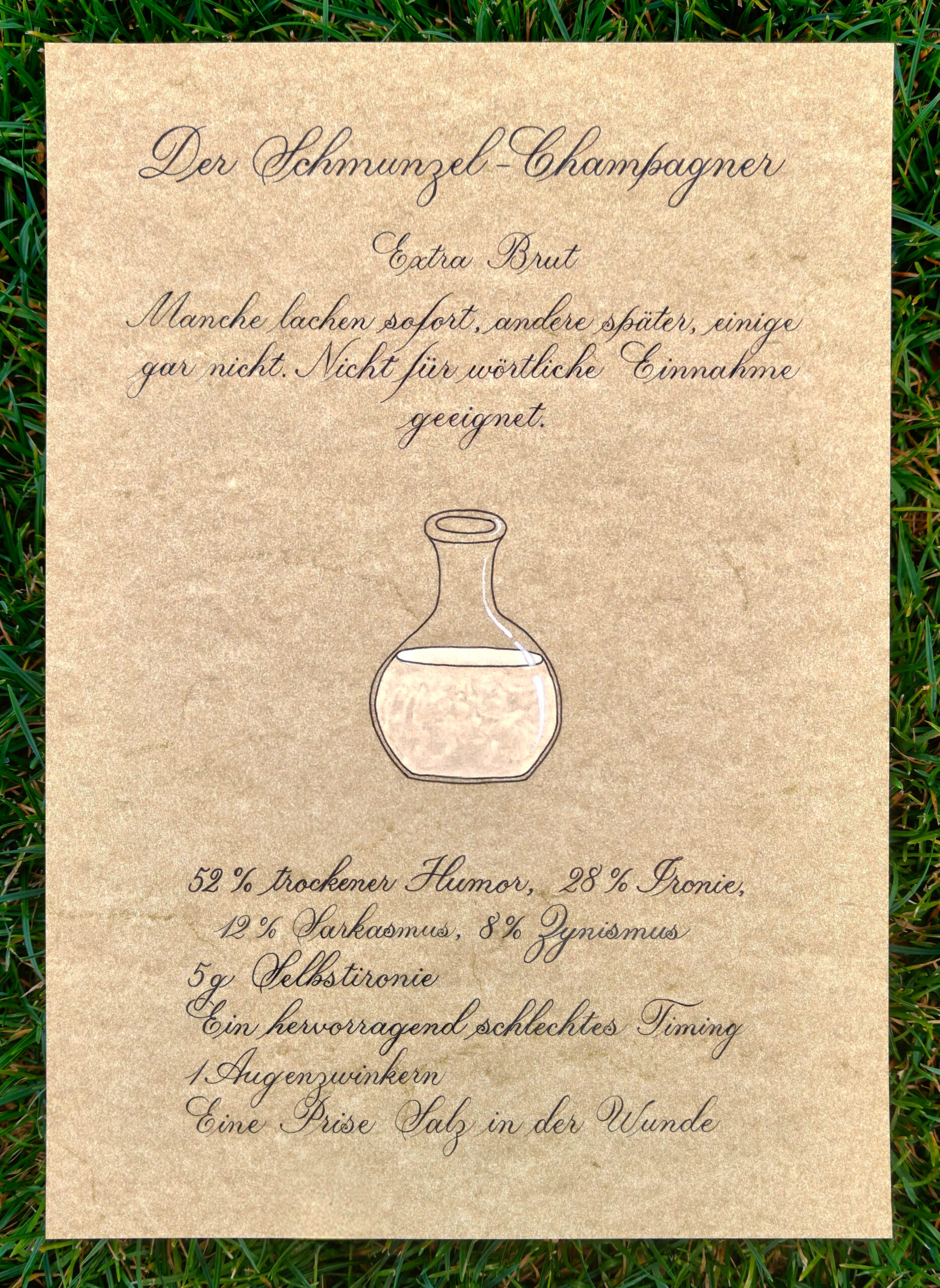 Kalligraphisches Werk mit Champagnerflasche