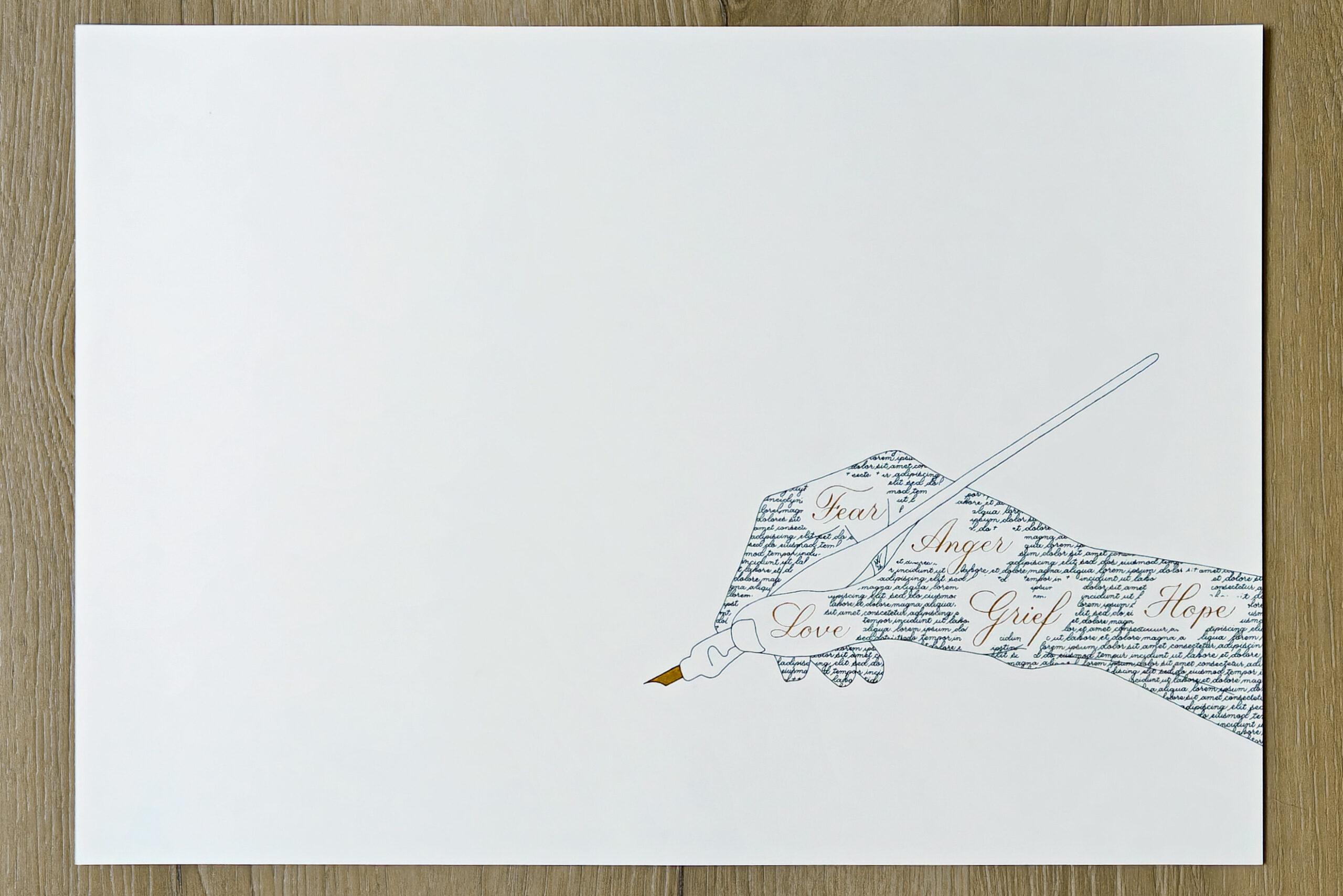 Kalligraphisches Kunstwerk mit gezeichneter Hand und Feder